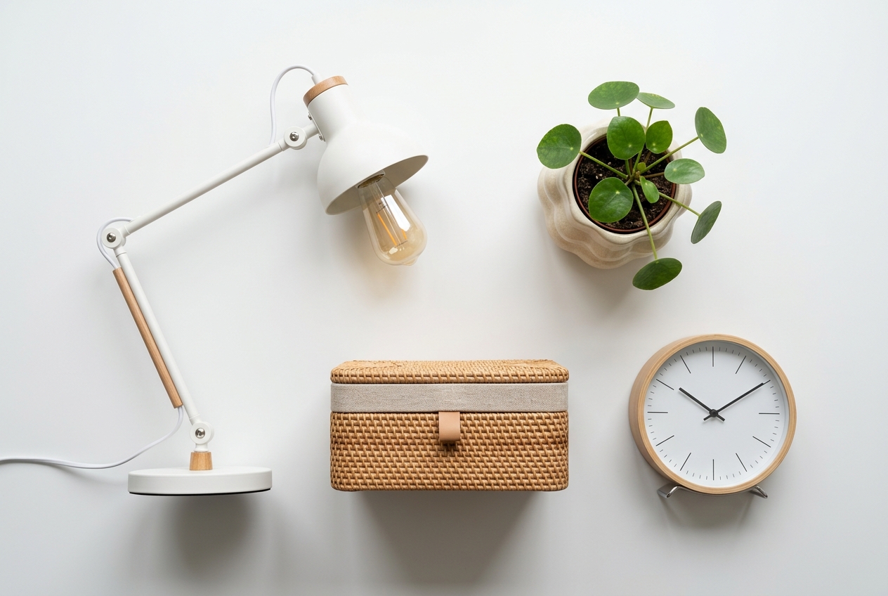 Home and living category showing a desk lamp, plant pot, storage box and clock