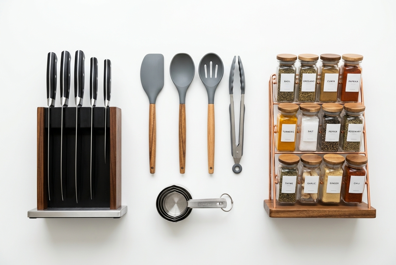 Kitchen category showing knife block, silicone utensils and spice rack