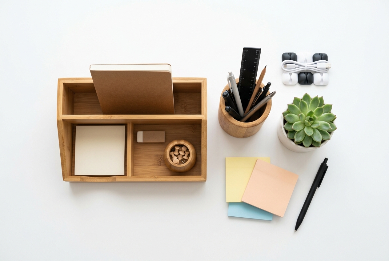 Office and desk category showing bamboo desk organizer, pen holder, sticky notes and succulent
