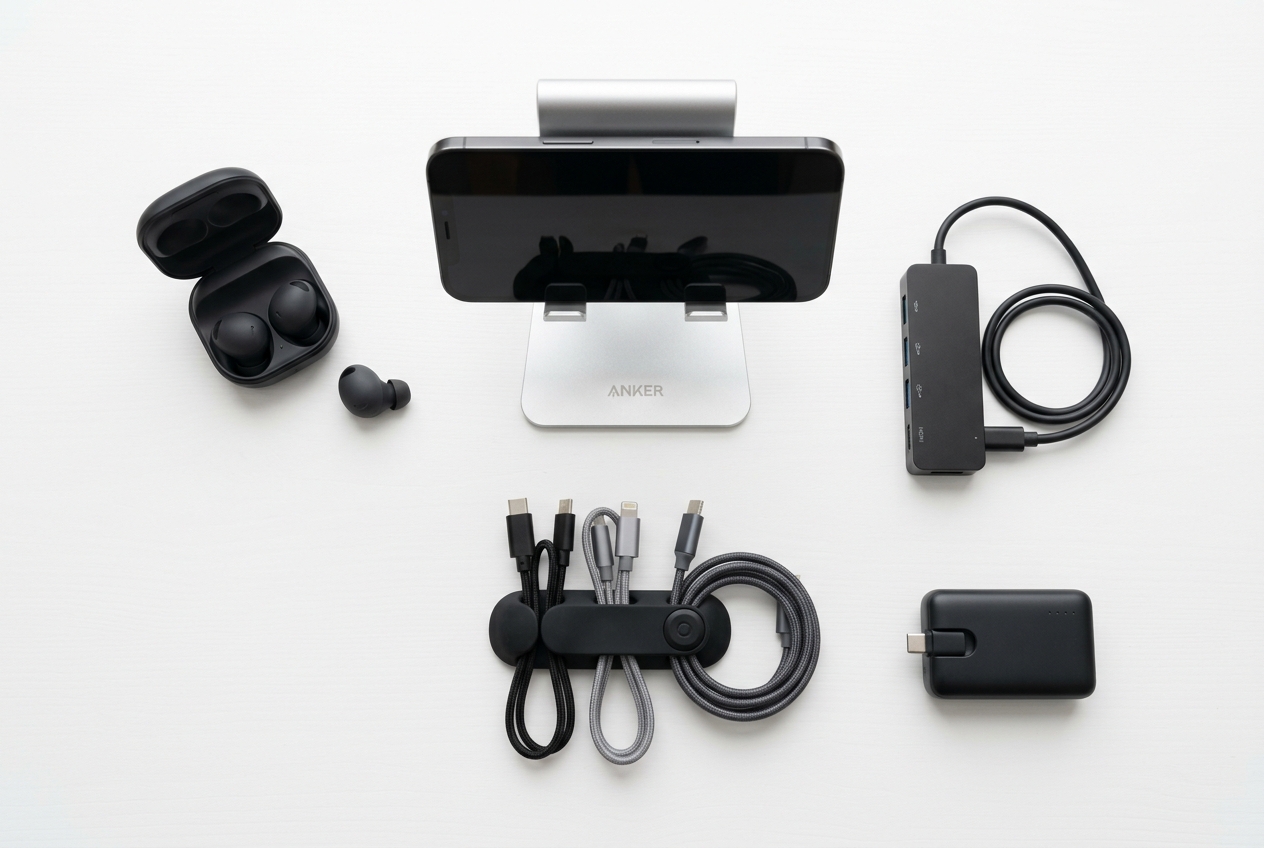 Tech and gadgets category showing wireless earbuds, phone stand and USB accessories