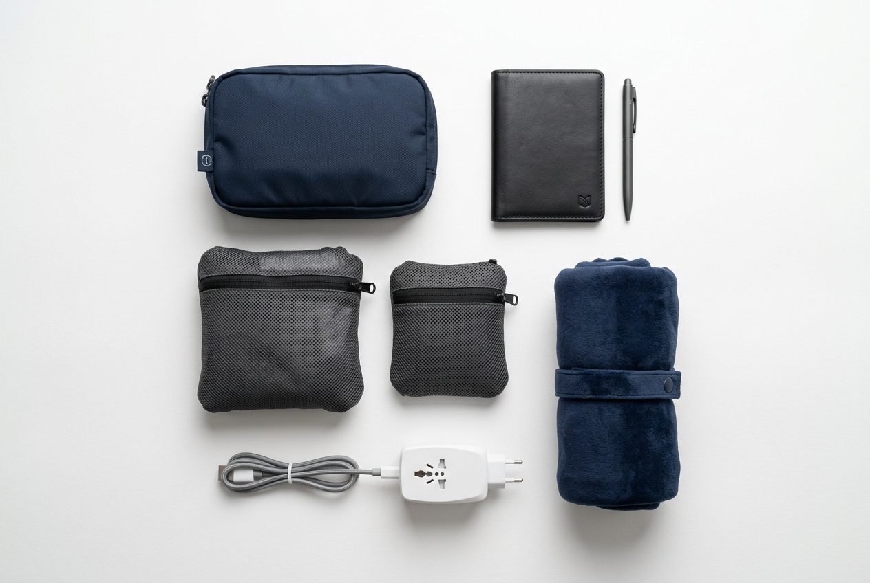 Travel category showing travel pouch, passport holder, packing cubes and travel adapter