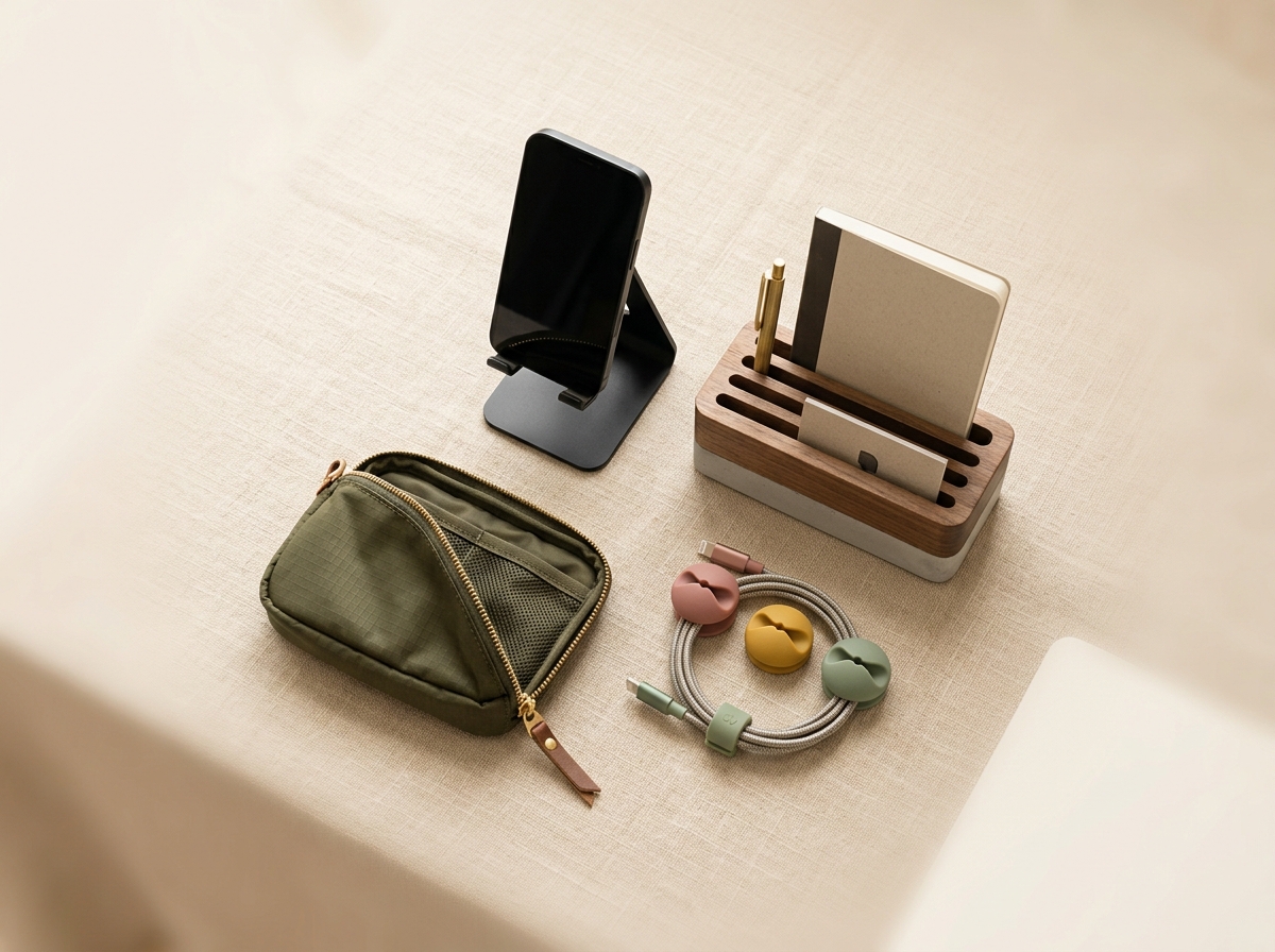 Curated everyday products including a desk organizer, phone stand, travel pouch and cable clips